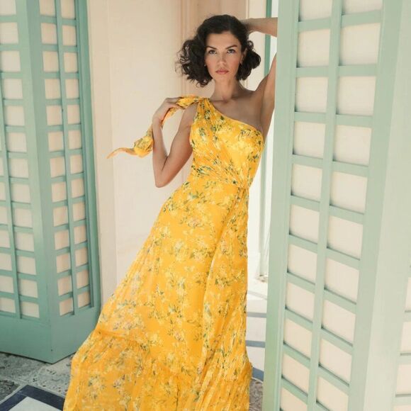MAC DUGGAL Floral One Shoulder Bow Maxi In Yellow Multi (size 2) NWT - Picture 1 of 12